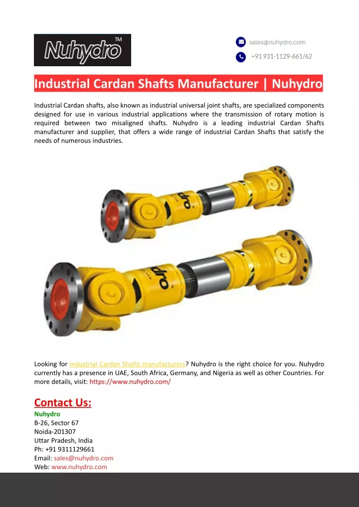 industrial cardan shafts manufacturer nuhydro