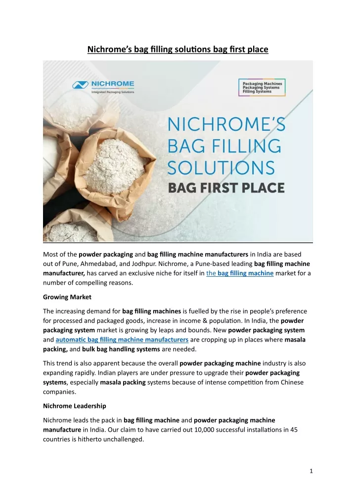 nichrome s bag filling solutions bag first place