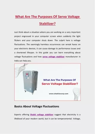 What Are The Purposes Of Servo Voltage Stabilizer
