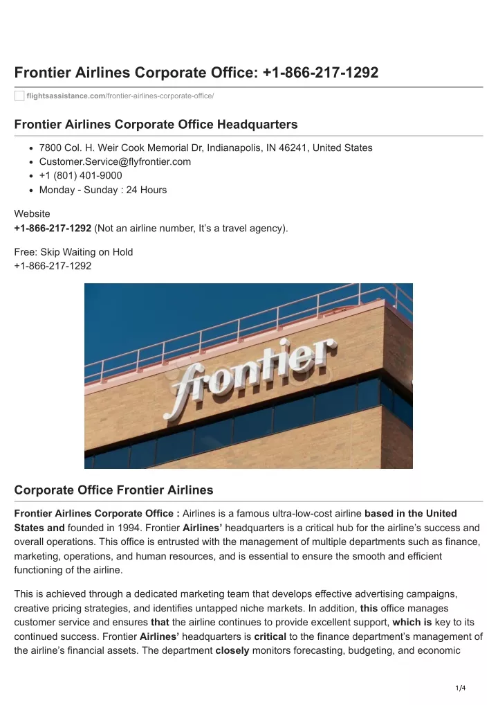 frontier airlines corporate office 1 866 217 1292