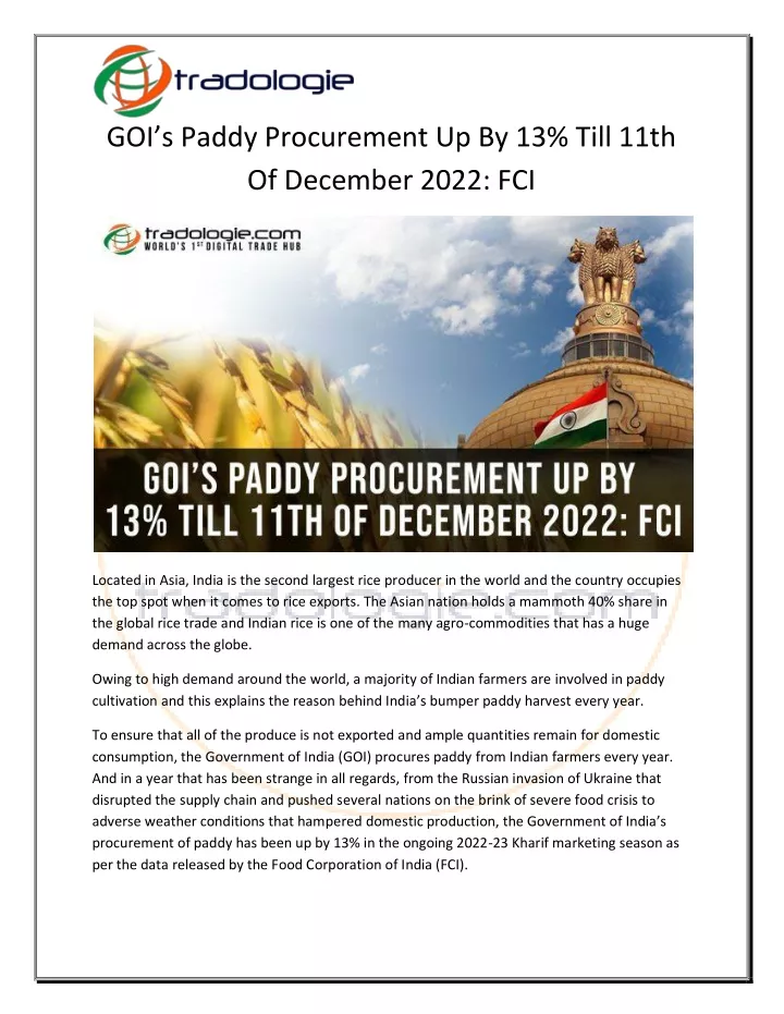 goi s paddy procurement up by 13 till 11th