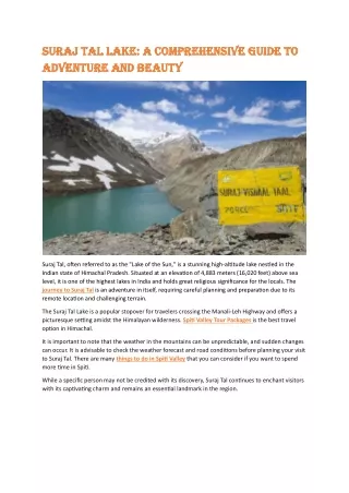 Suraj Tal Lake- A Comprehensive Guide to Adventure and Beauty