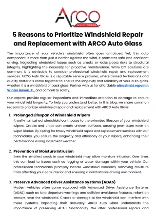 5 Reasons to Prioritize Windshield Repair and Replacement with ARCO Auto Glass
