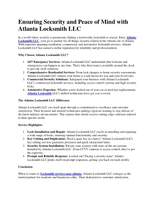Locksmith services near atlanta - Atlanta Locksmith LLC