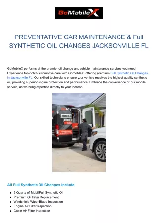 GomobileX Unmatched Full Synthetic Oil Changes in Jacksonville, FL