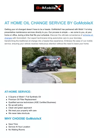 AT HOME OIL CHANGE SERVICE BY GoMobileX