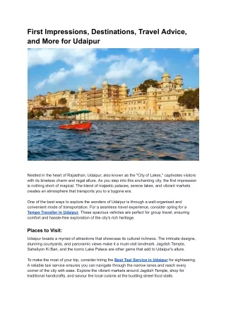 First Impressions, Destinations, Travel Advice, and More for Udaipur