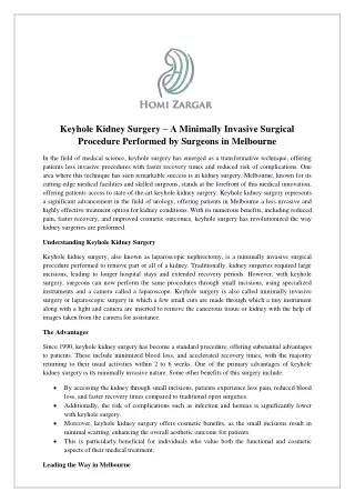 Keyhole Kidney Surgery — A Minimally Invasive Surgical Procedure