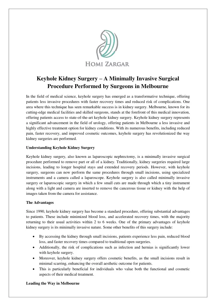 keyhole kidney surgery a minimally invasive