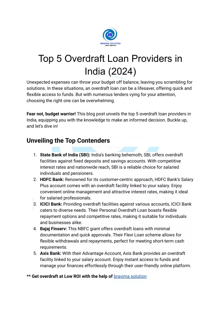 top 5 overdraft loan providers in india 2024