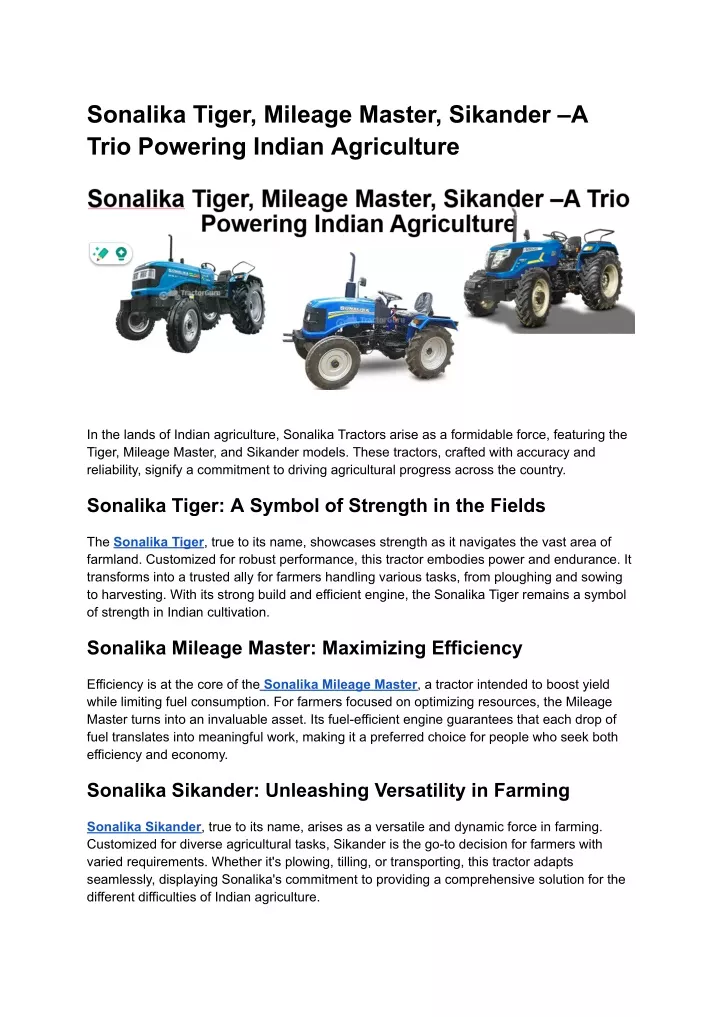 sonalika tiger mileage master sikander a trio