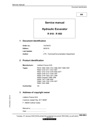 LIEBHERR R950- 1323 Hydraulic Excavator Service Repair Manual