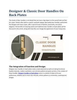Designer & Classic Door Handles On Back Plates