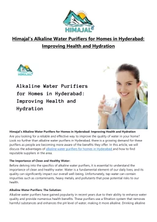 Himajal’s Alkaline Water Purifiers for Homes in Hyderabad Improving Health and Hydration
