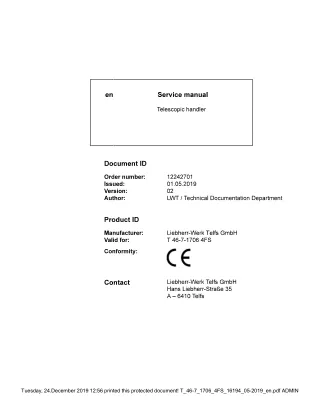 LIEBHERR T46-7-1706 4FS Telescopic Handler Service Repair Manual