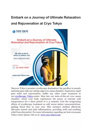 Embark on a Journey of Ultimate Relaxation and Rejuvenation at Cryo Tokyo