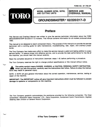 Toro Groundsmaster 62 Mower Service Repair Manual