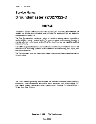 Toro Groundsmaster 72 Mower Service Repair Manual