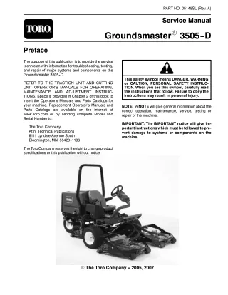 Toro Groundsmaster 3505D Service Repair Manual