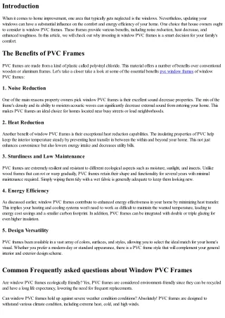 Window PVC Frames: An Investment in Your Household's Convenience