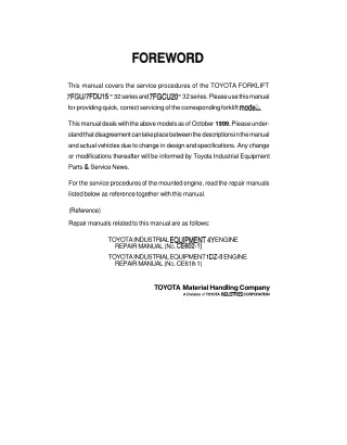 TOYOTA 7FGU20 Forklift Service Repair Manual