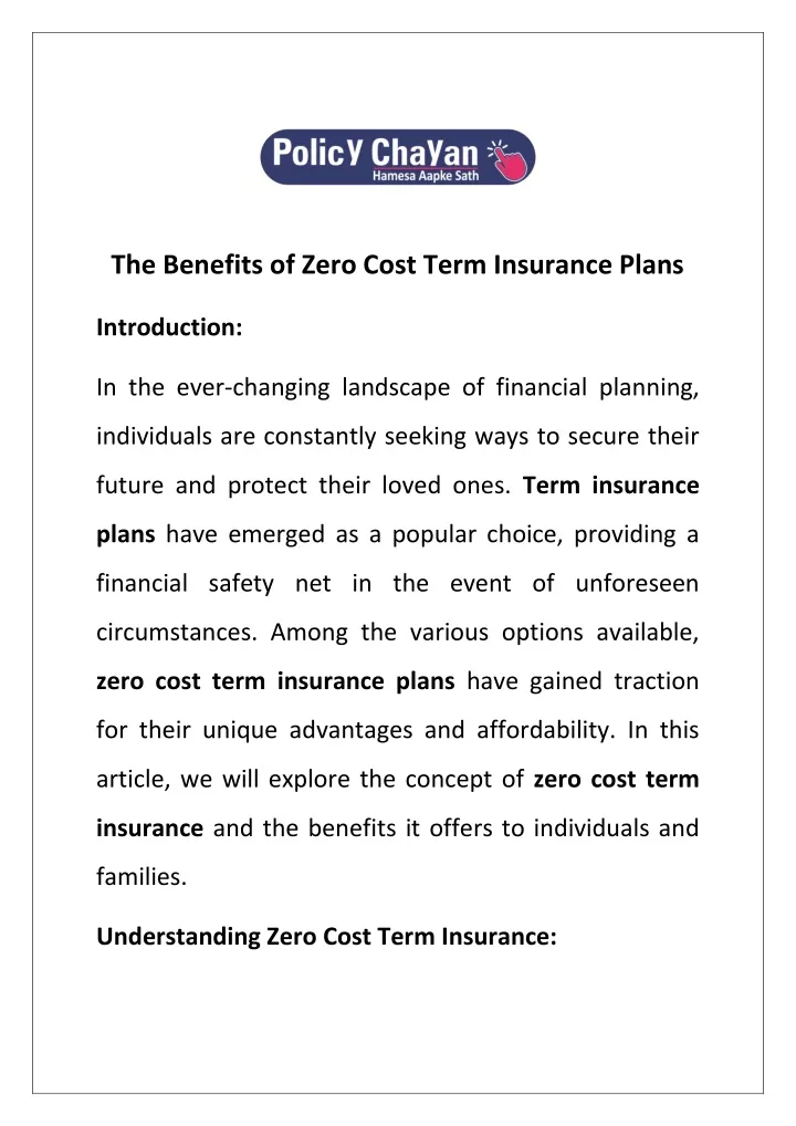 the benefits of zero cost term insurance plans