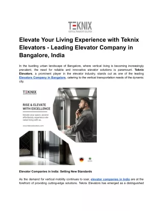 Elevate Your Living Experience with Teknix Elevators - Leading Elevator Company in Bangalore, India