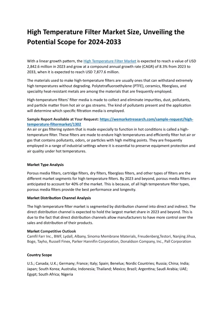 high temperature filter market size unveiling