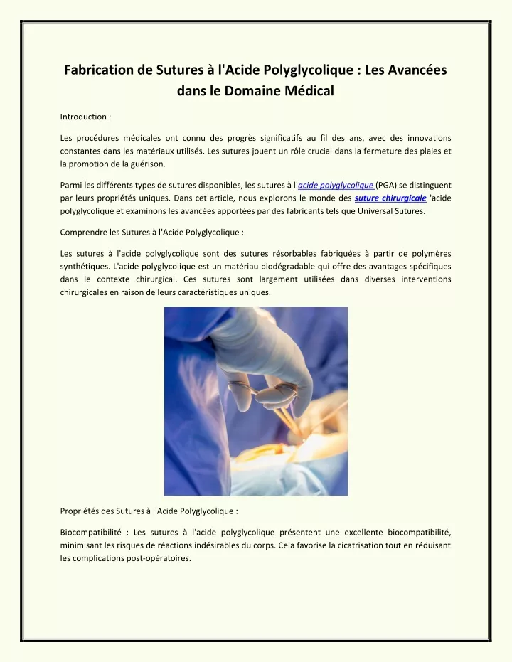 fabrication de sutures l acide polyglycolique