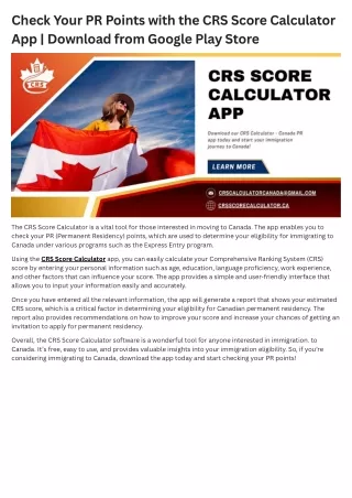 Check Your PR Points with the CRS Score Calculator App  Download from Google Play Store