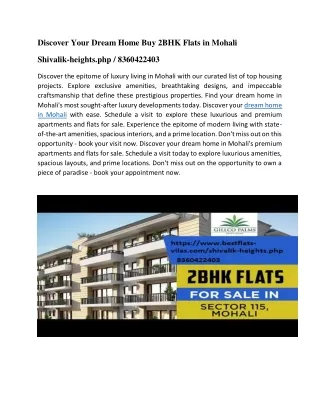 Discover Your Dream Home Buy 2BHK Flats in Mohali SHIVALIC