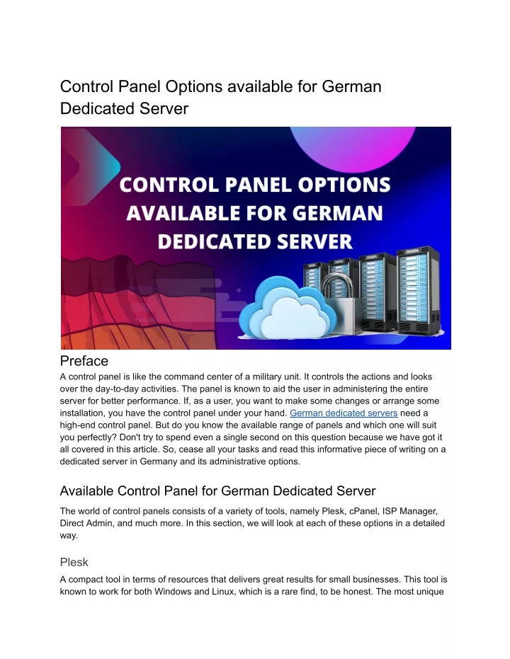 control panel options available for german
