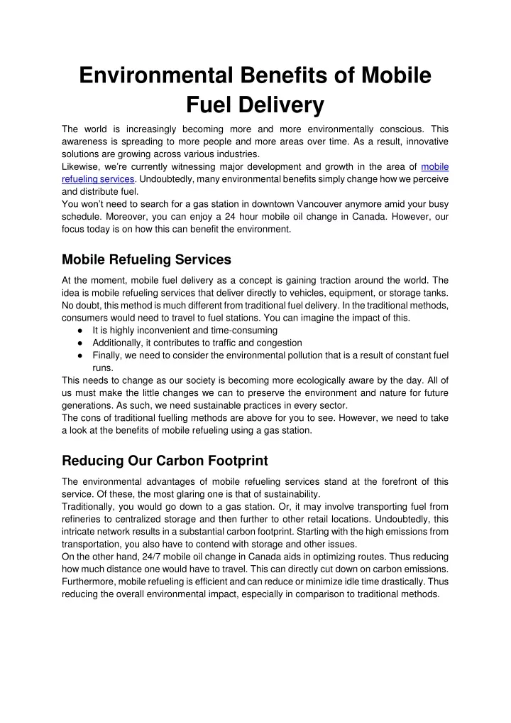 environmental benefits of mobile fuel delivery