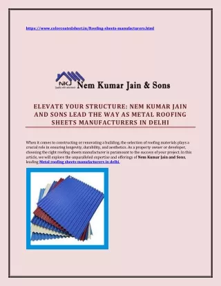ELEVATE YOUR STRUCTURE NEM KUMAR JAIN AND SONS LEAD THE WAY AS METAL ROOFING SHEETS MANUFACTURERS IN DELHI