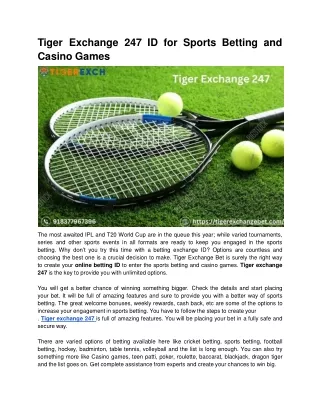 Tiger Exchange 247 ID for Sports Betting and Casino Games