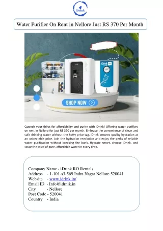 Water Purifier On Rent in Nellore Just RS 370 Per Month