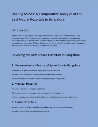 Healing Minds: A Comparative Analysis of the Best Neuro Hospitals in Bangalore