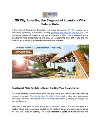SN City_ Unveiling the Elegance of Luxurious Villa Plots in Kolar