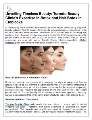Unveiling Timeless Beauty: Toronto Beauty Clinic's Expertise in Botox and Hair B