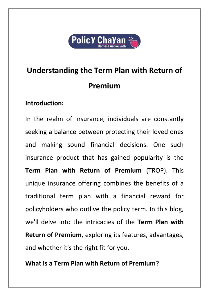 understanding the term plan with return of