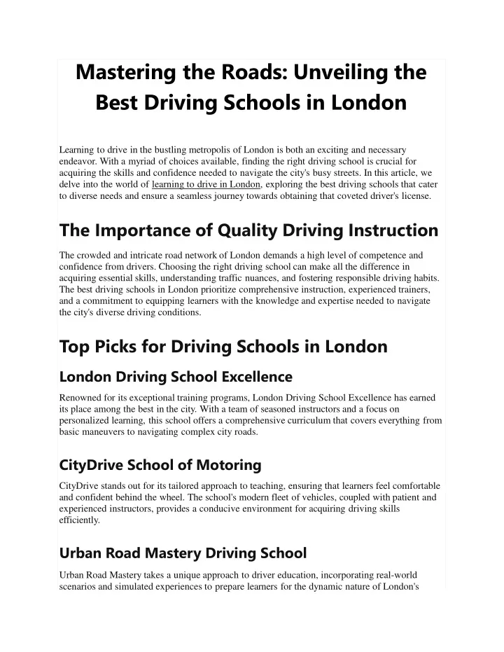 mastering the roads unveiling the best driving schools in london