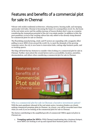 Features and benefits of a commercial plot for sale in Chennai