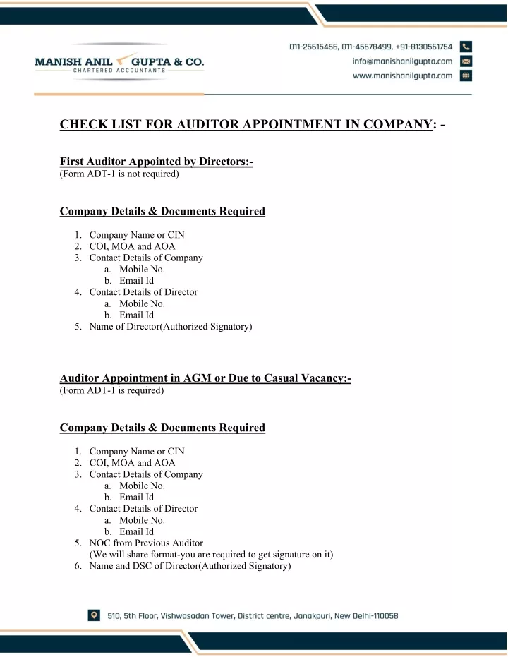 check list for auditor appointment in company