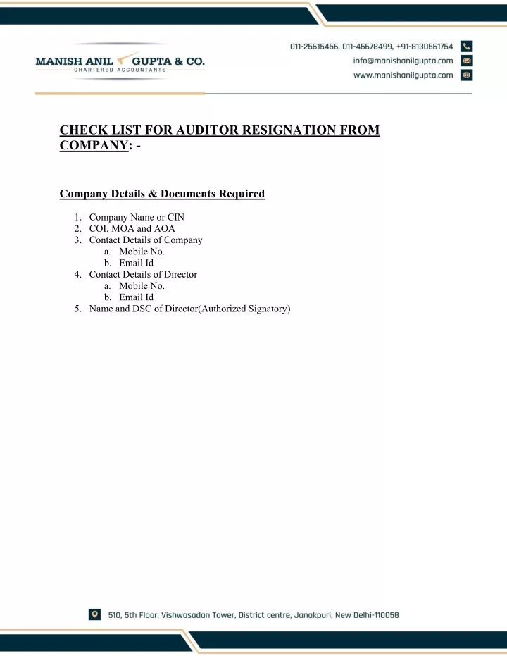 check list for auditor resignation from company