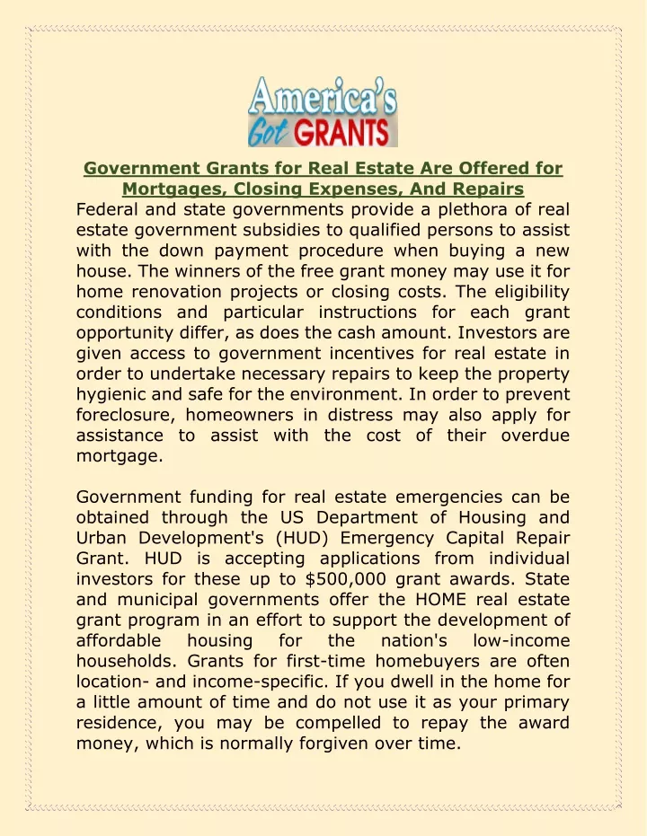 government grants for real estate are offered