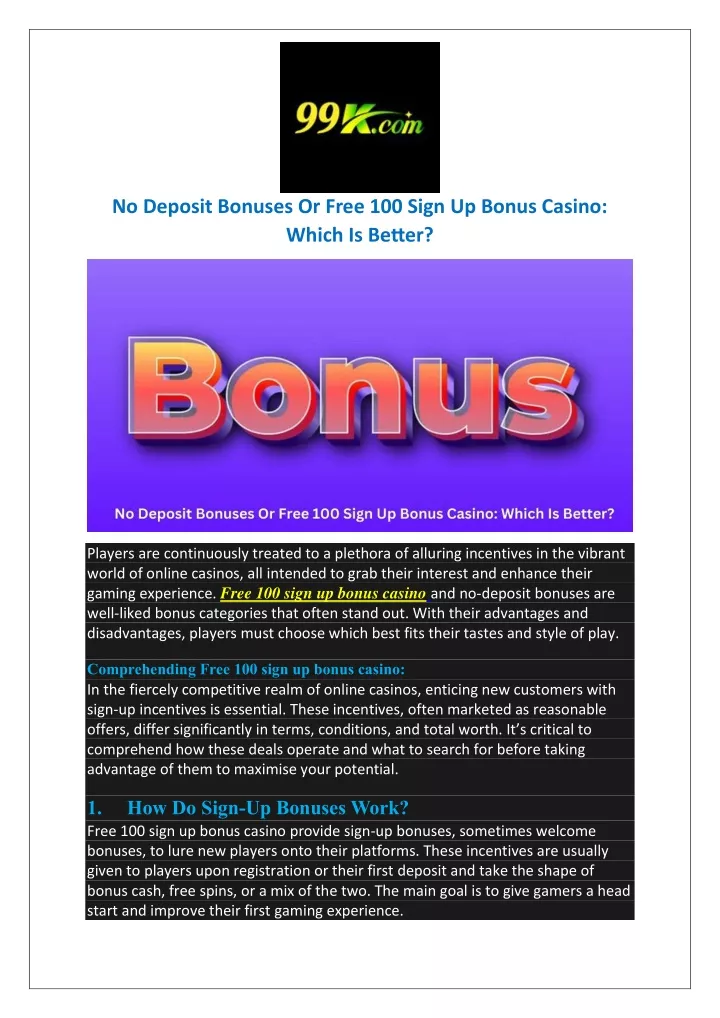 no deposit bonuses or free 100 sign up bonus