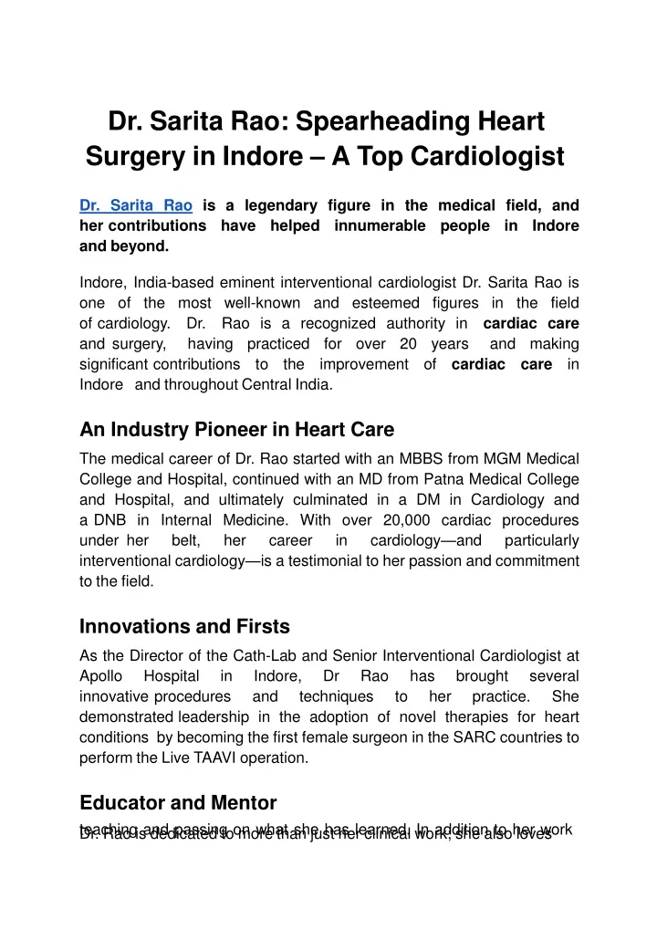dr sarita rao spearheading heart surgery