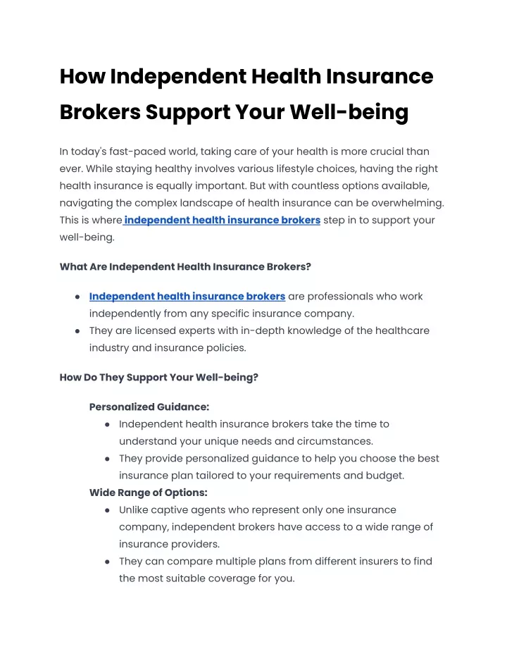 how independent health insurance brokers support