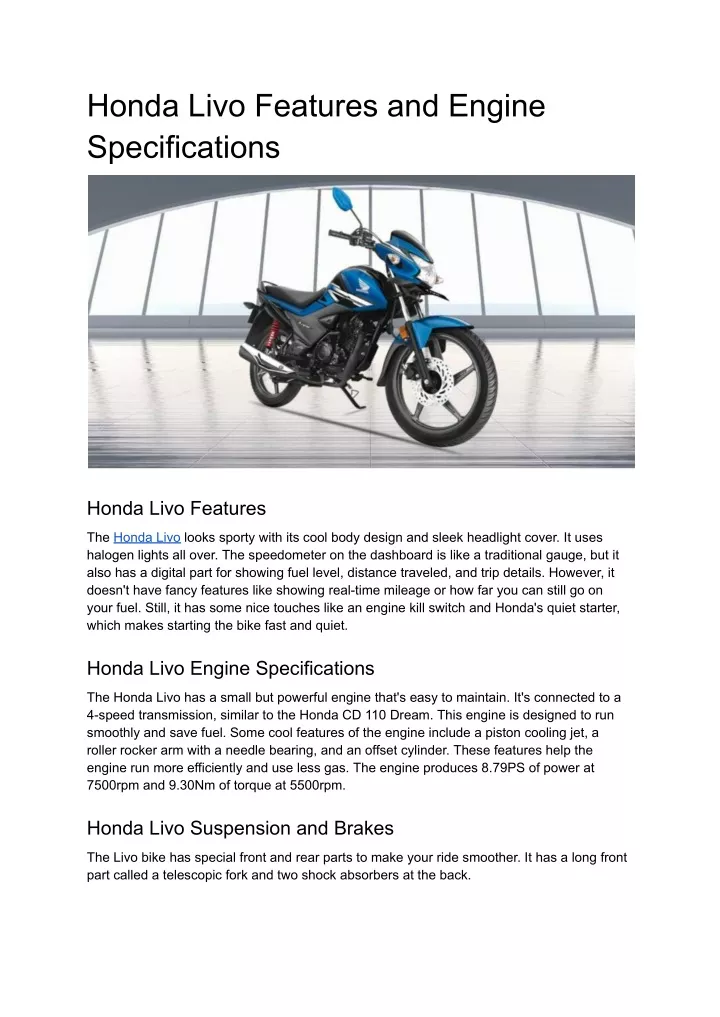 honda livo features and engine specifications