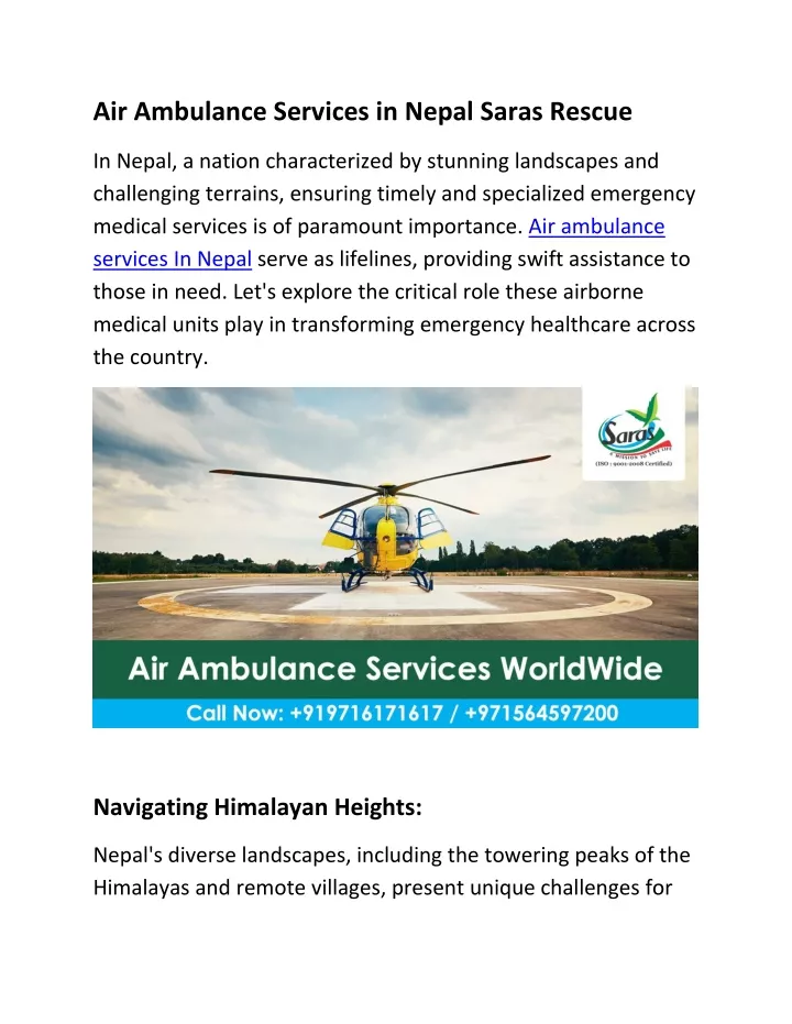 air ambulance services in nepal saras rescue